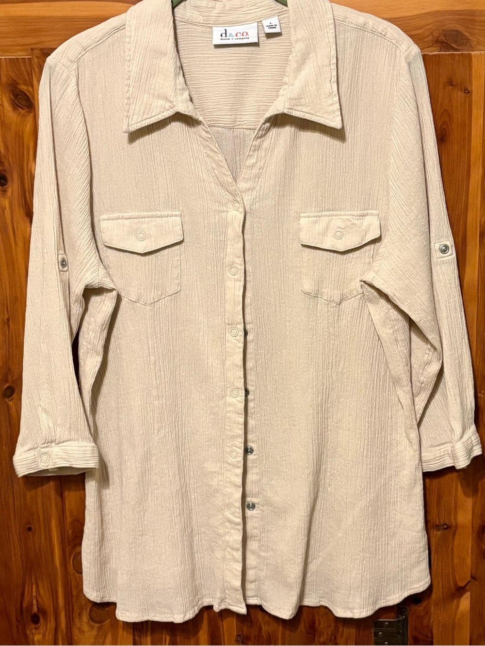 Denim & Co. Roll Sleeve Snap Front Gauze Top